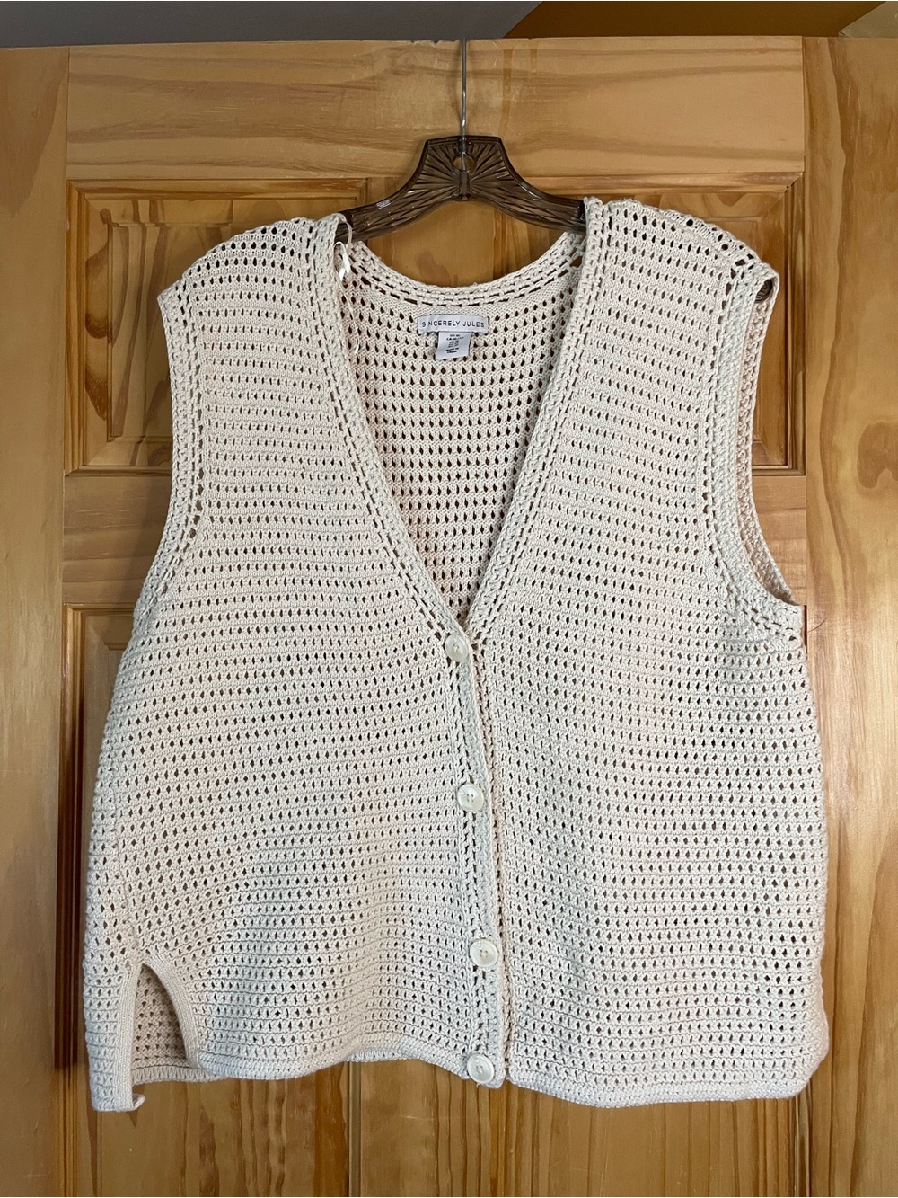 Sincerly Jules Cream Crochet V-Neck Button Sweater Vest